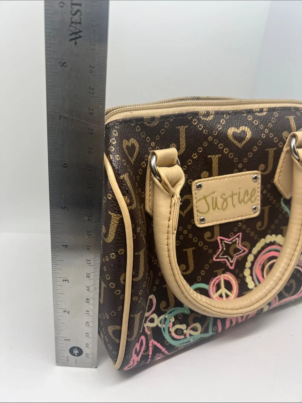 Justice Brown Satchel with Tan Handles and Multicolor Accents